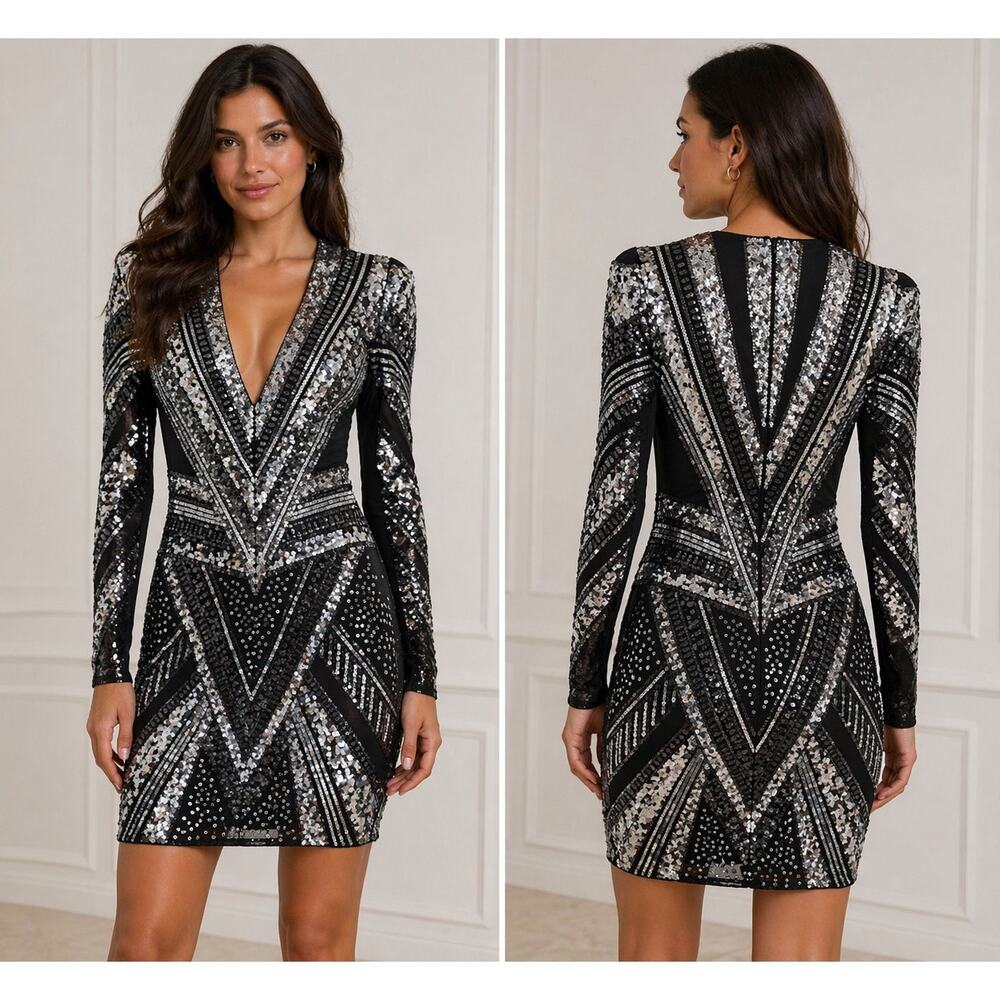 Express XS Black Silver Sequin Bodycon Dress Long Sleeve Deep V Party Mini - Picture 1 of 5